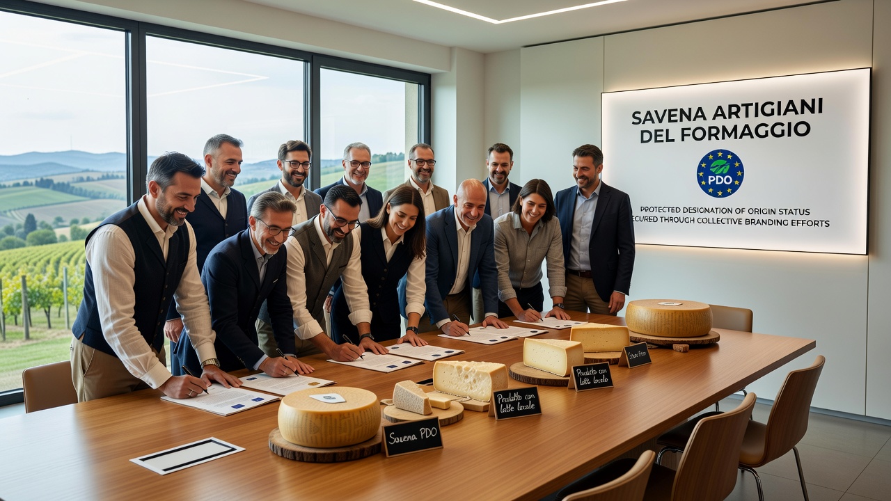Group of Savena cheese makers discussing branding strategies and EU application details