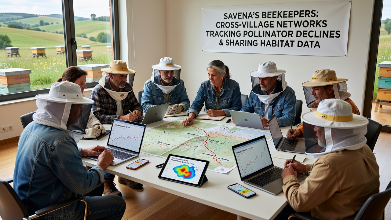 Detailed view of shared habitat maps and hive monitoring charts spread across a table during a village network meeting